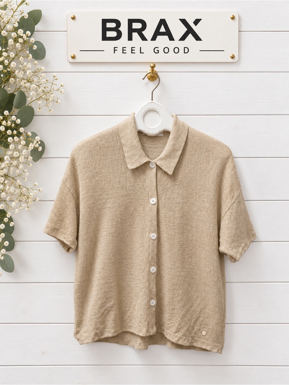 BRAX Linen-Look Knit Button Top – Beige – Size 42